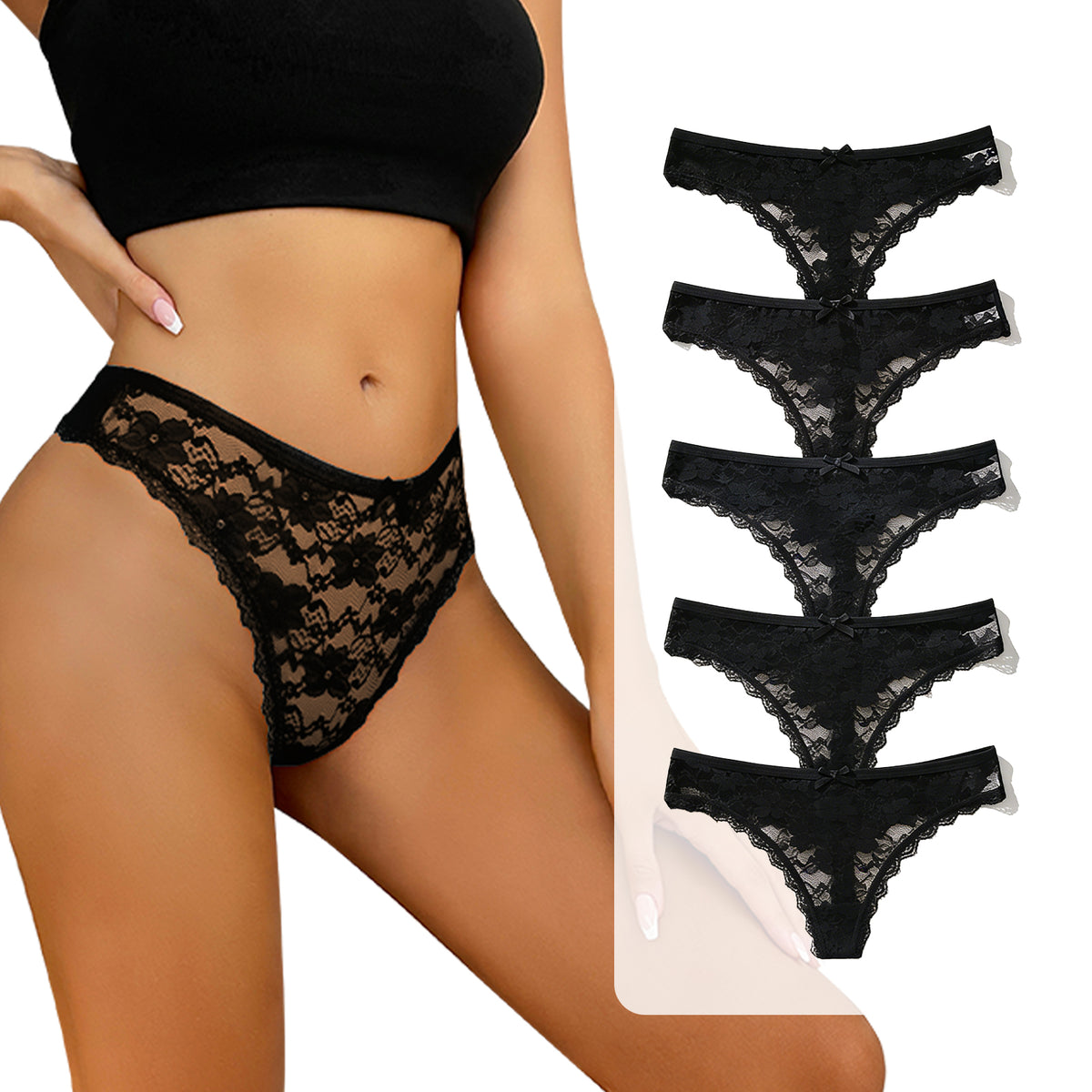Lace Thongs for Women, 5 Pack Sexy Bikini briefs, Low Cut, Soft & Seamless Underwear for Daily Wear/Dating