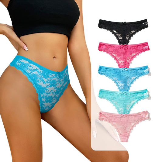 Lace Thongs for Women, 5 Pack Sexy Bikini briefs, Low Cut, Soft & Seamless Underwear for Daily Wear/Dating