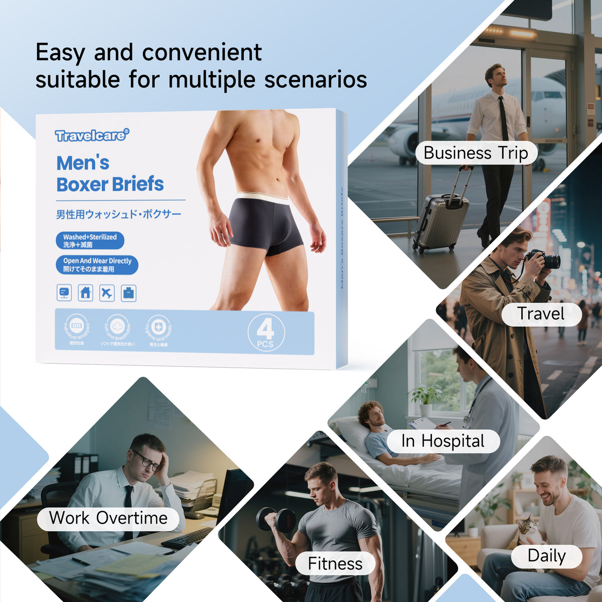 4-Pack Mens Underwear Boxer Briefs Washed Mid Rise Minimalist Shorts Portable Travel Hotel Emergency Underpants