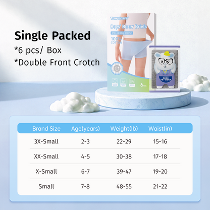 6 Packs Boys 100% Cotton Boxer Briefs Toddler Kids Sterilized Disposable Underwears for Travel School Outdoor Sports  Individually Wrapped Multipack Gift box